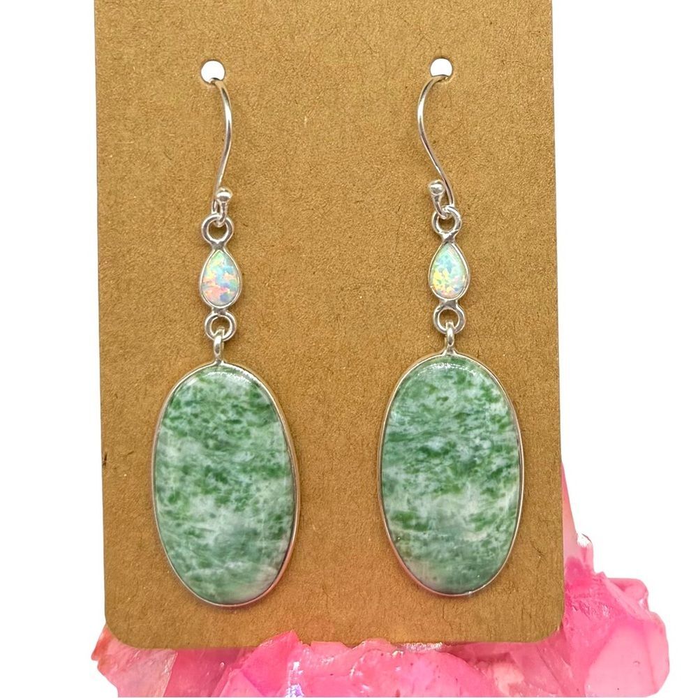 Dioptase & Fire Opal Earrings Solid 925 Sterling Silver Dangle Drop Green Stone